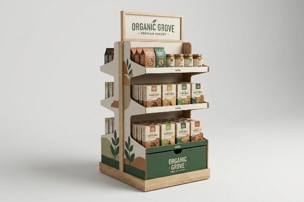 A retail endcap display showcases Organic Grove Premium Pantry products, featuring nuts, spreads, and snack boxes on three shelves with a wooden base drawer.