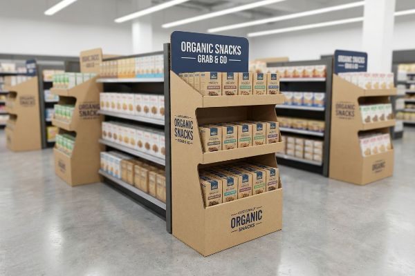 Um corredor de supermercado apresenta um expositor de papelão ondulado para venda de produtos