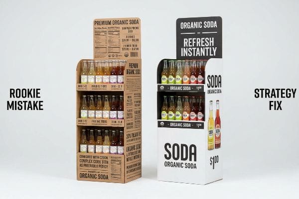 Brown cardboard organic soda display, labeled Rookie Mistake, features complex pricing and text-heavy headers, contrasted with a clean white display, labeled Strategy Fix, showcasing simplified messaging and clear $100 pricing.
