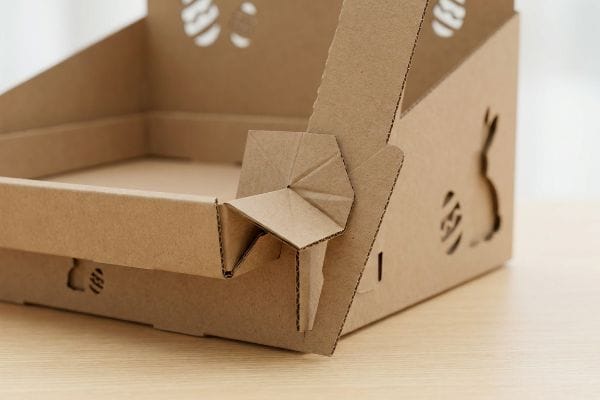 Brown corrugated cardboard display featuring an interlocking origami paper lock and Easter bunny cut-outs, demonstrating mono-material design.