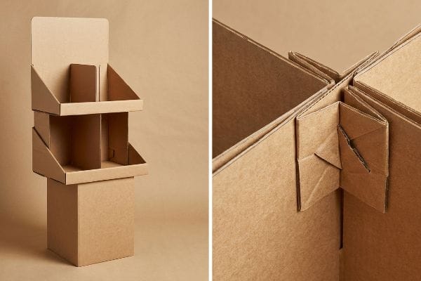 Corrugated cardboard retail display with two shelves, highlighting mono-material origami paper locks for structural integrity.