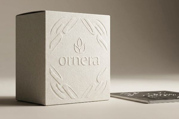 A light beige cardboard box features an embossed 'Ornera' logo and leaf pattern, showcasing premium 3D texture packaging.
