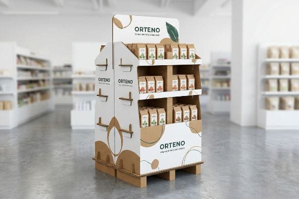 An OrtEno multi-tiered corrugated cardboard POP display, featuring 'Point Of Purchase Display' and 'We Help The Life Grow' text, showcases product pouches in a retail environment.