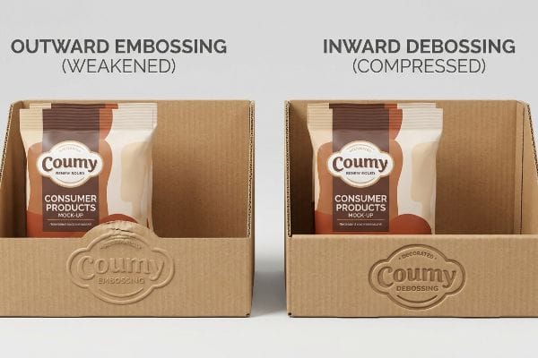 Plateaux en carton ondulé brun présentant un gaufrage extérieur (affaibli) et un débossage intérieur (comprimé) pour l'emballage des produits Coumy.