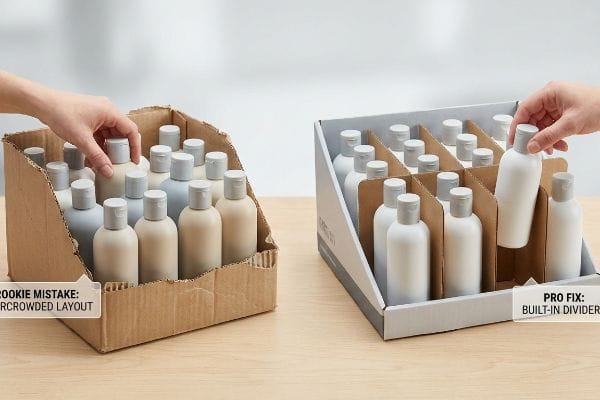 Comparaison entre un présentoir de vente au détail en carton ondulé : Erreur de débutant : Disposition trop encombrée de bouteilles et Solution professionnelle : Séparateur intégré pour un réapprovisionnement efficace des produits.