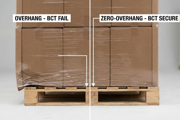 Brown shrink-wrapped cardboard boxes on a pallet, illustrating 'Overhang - BCT Fail' with crushed corners versus 'Zero-Overhang - BCT Secure' with stable alignment.