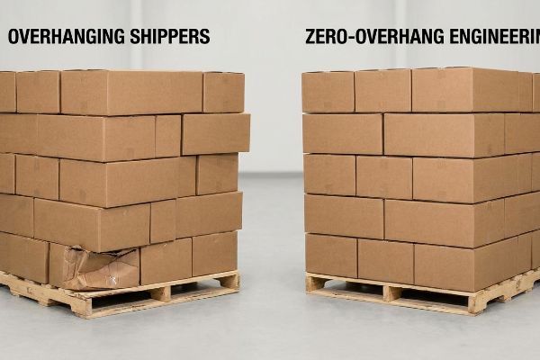 Brown corrugated boxes on pallets, contrasting 'Overhanging Shippers' (damaged box) with 'Zero-Overhang Engineering' (intact, aligned boxes).