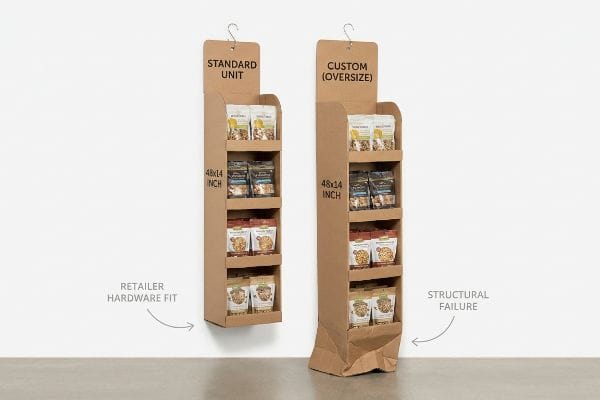 Two corrugated hanging sidekick displays: a 48x14 inch Standard Unit with Retailer Hardware Fit, and a Custom (Oversize) unit with Structural Failure.