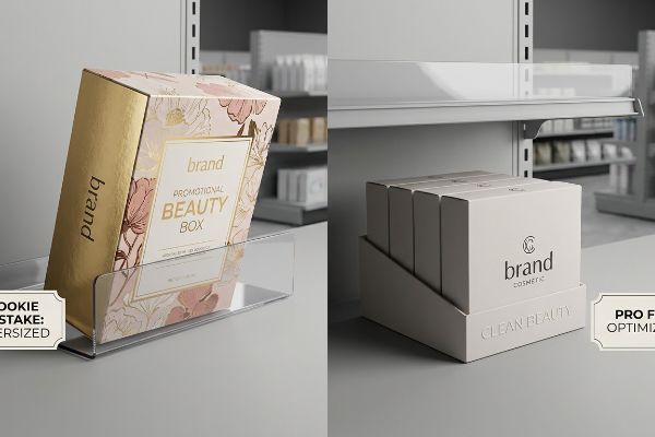 Oversized gold-foiled Brand Promotional Beauty Box on shelf vs. optimized Brand Cosmetic Clean Beauty boxes.