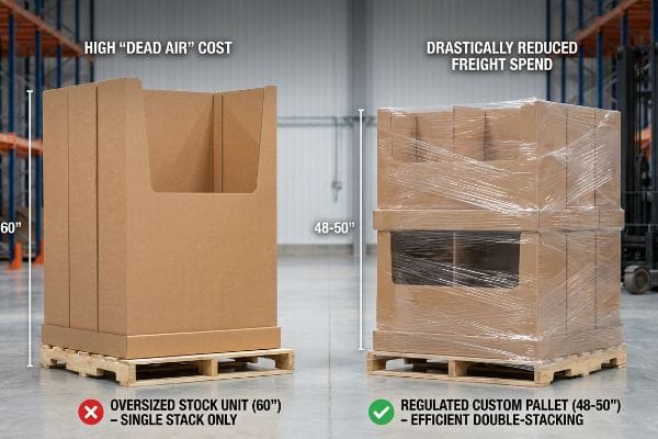 Pallet Height Comparison Two pallets, one 60-inch oversized stock unit with high dead air cost, and a 48-50-inch regulated custom pallet for efficient double-stacking.