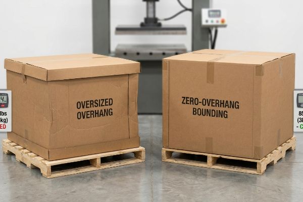 Two corrugated boxes on wooden pallets, illustrating pallet overhang: 