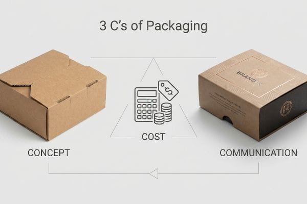 Plain cardboard box, branded BRANDTR gold foil packaging, and icons for Cost, illustrating the 3 C's of Packaging: Concept, Cost, Communication.