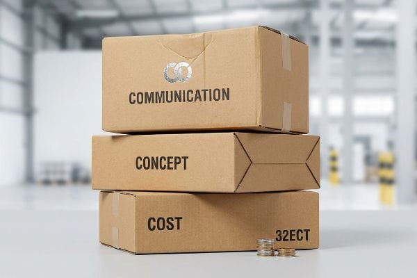 Three stacked brown corrugated boxes labeled 'Communication', 'Concept', and 'Cost' with '32ECT' and coins, representing the 3 C's of packaging.