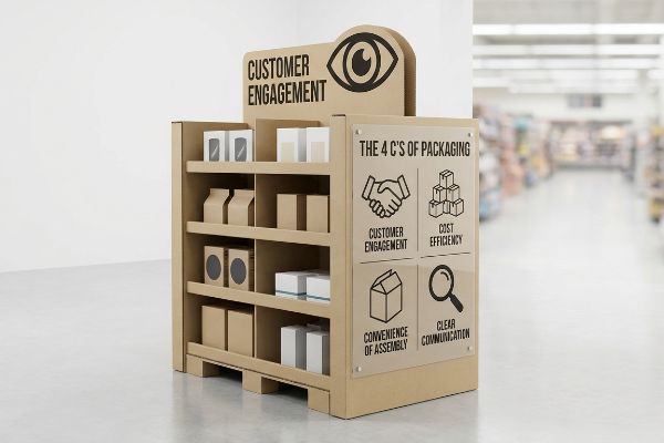 Expositores de varejo em papelão kraft destacam os 4 Cs da embalagem: Engajamento do Cliente, Eficiência de Custo, Conveniência de Montagem e Comunicação Clara, com caixas de produtos.