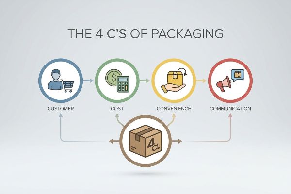 Infographic illustrating The 4 C's of Packaging: Customer, Cost, Convenience, and Communication, linked to a central box.