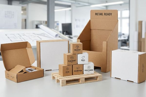 Corrugated packaging solutions: a Retail Ready display, shipping boxes, and cubes illustrating the 5 P's of packaging on a pallet.