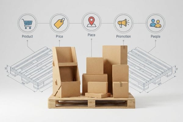 Brown cardboard boxes and a display stand on a wooden pallet, illustrating the 5 P's of Packaging: Product, Price, Place, Promotion, People.