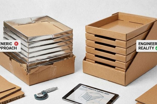 A micrometer and tablet displaying "Freight Density & Survival Audit" are positioned between two stacks of cardboard trays: a "Generic Approach" with metallic foil and an "Engineered Reality" stack of brown structural cardboard.