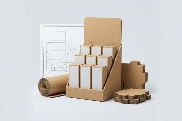 Corrugated POP display holding white boxes, alongside a packaging blueprint and die-cut cardboard components.