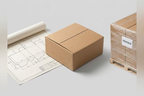 A brown cardboard box, detailed packaging blueprint, and a pallet of shrink-wrapped boxes with a