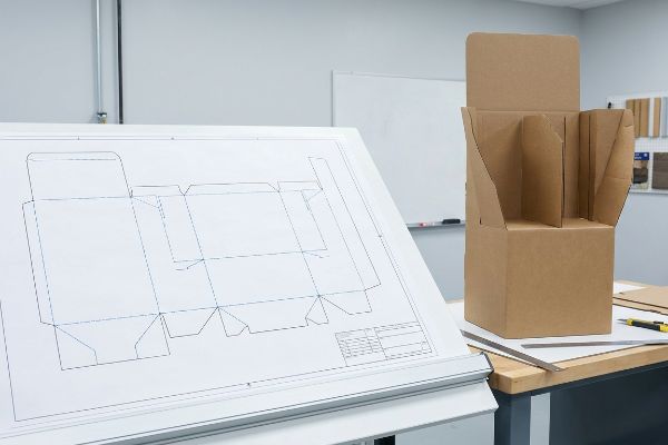 An office setting displays a structural engineering blueprint for packaging design next to an assembled brown cardboard POP display unit.