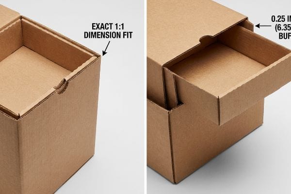 As caixas de papelão ondulado apresentam um encaixe dimensional exato de 1:1 em comparação com uma folga de 0,25 polegadas (6,35 mm) para facilitar a extração.
