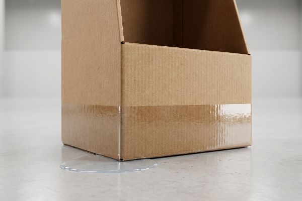 Brown corrugated box base with clear tape, absorbing water from a puddle through capillary action, showing moisture damage.