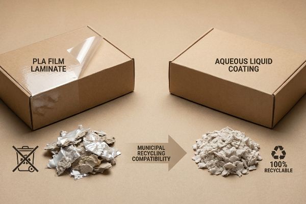 Pla Film Laminate cardboard yields non-recyclable waste, contrasted with Aqueous Liquid Coating packaging ensuring 100% municipal recycling compatibility.