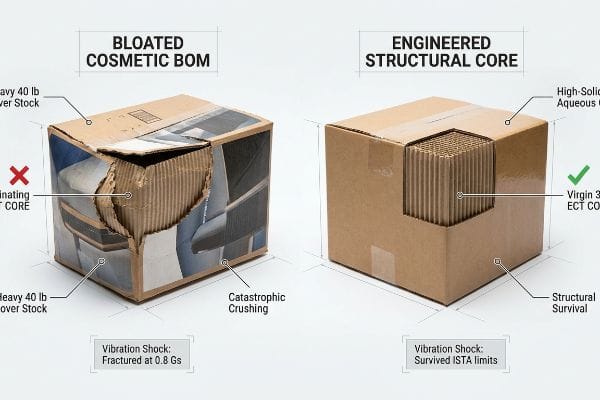 Two corrugated boxes compare packaging integrity: a 'Bloated Cosmetic Bom' with a Downgrading 26 ECT Core and Heavy 40 Lb Cover Stock, showing catastrophic crushing and fracturing at 0.8 Gs, versus an 'Engineered Structural Core' with a Virgin 32 ECT Core and High-Solid Aqueous Coating, demonstrating structural survival and surviving ISTA limits.