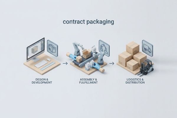 Visualizing the contract packaging process: Design & Development, robotic Assembly & Fulfillment of PREMIUM products, and Logistics & Distribution with a forklift.