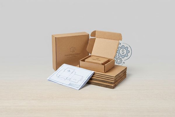 Brown corrugated cardboard custom packaging boxes, a design blueprint, and flat sheets, featuring a Profession Custom Shoppe logo.