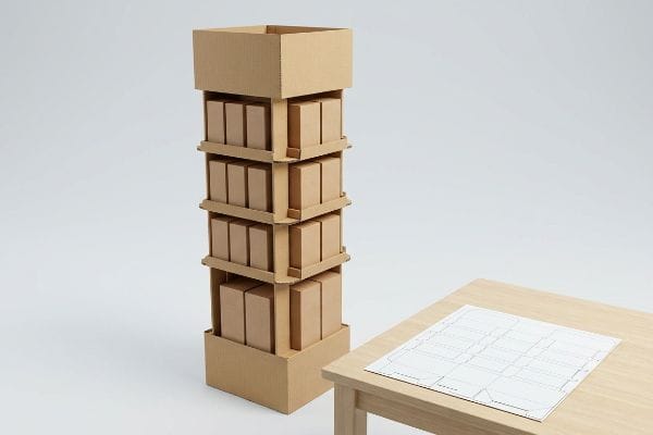 A tall corrugated cardboard POP display holds eight small brown boxes, with an empty top section and a packaging design template on a table.