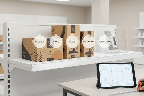 Brown cardboard boxes and clear acrylic display on a retail shelf, illustrating the 5 P's of Packaging: Product, Price, Place, Promotion, Positioning, with a tablet showing a packaging die-line.