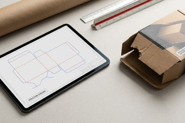 A tablet displays a packaging Structure (Dieline) with blue cut and red fold lines next to a torn kraft cardboard box.