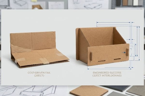 Brown corrugated cardboard structures comparing a Cost-Driven Fail (26ECT) with an Engineered Success (32ECT Interlocking) display, showing design blueprints.