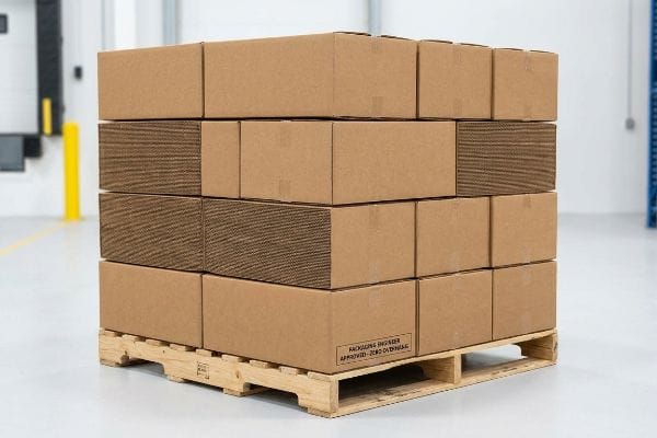 Brown corrugated master shipping cartons stacked on a wooden pallet, displaying 'Packaging Engineer Approved: Zero Overhang' on a lower box.