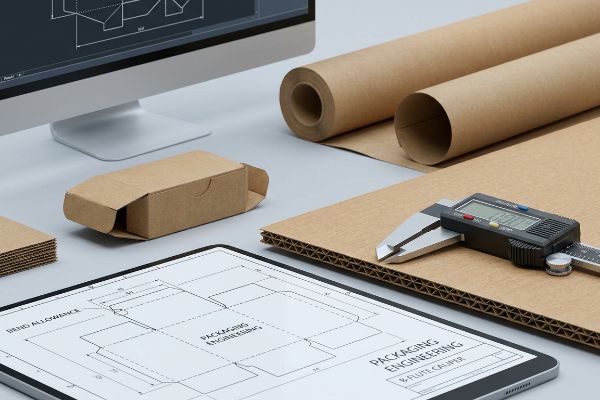 B-Wellen-Wellpappe, digitaler Messschieber und Stanzformen für die Verpackungstechnik auf einem Tablet und einem CAD-Monitor.