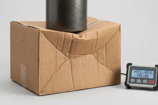 Brown cardboard box crushed by weight, digital scale shows 145.5 lbs / 65.9 kg - Failure, highlighting packaging integrity.