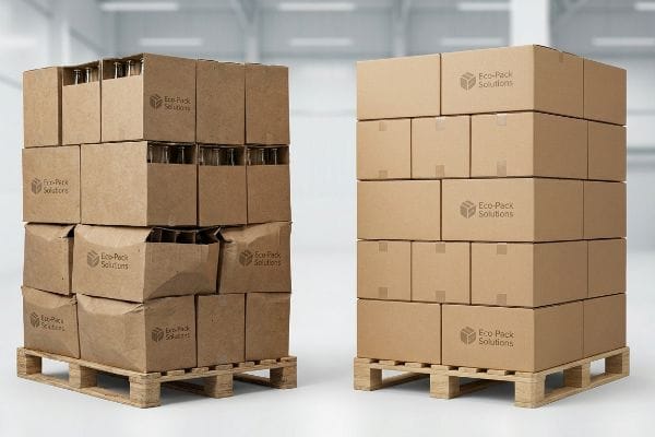 Natural kraft cardboard boxes on pallets, Eco-Pack Solutions branded, showing cartons buckling with glass bottles beside robust, closed shipping boxes.