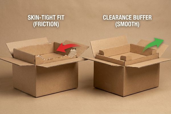 Corrugated cardboard boxes show packaging fit: Skin-Tight Fit (Friction) with red arrow, and Clearance Buffer (Smooth) with green arrow for smooth unpacking.