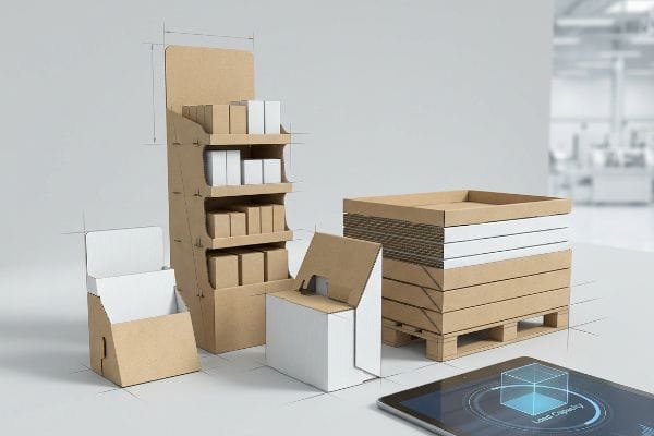 Corrugated cardboard floor display, countertop unit, and pallet merchandiser with a tablet showing 'Load Capacity' for packaging design.