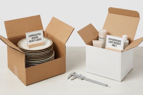 Corrugated board box with plates and 'Corrugated Board: Heavy Loads' sign, next to a paperboard box with cosmetics and 'Paperboard: Lightweight Only', with a caliper.