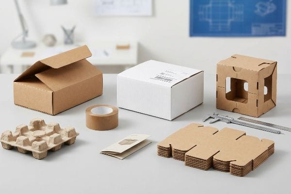 Corrugated and white shipping boxes, molded pulp tray, and flat-packed inserts showcase diverse retail packaging solutions.