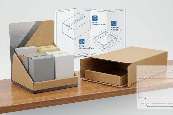 Corrugated PDQ display tray and open master carton with inner tray, illustrating Outer Master Carton, Inner Corrugated Tray, and Perimeter Clearance.