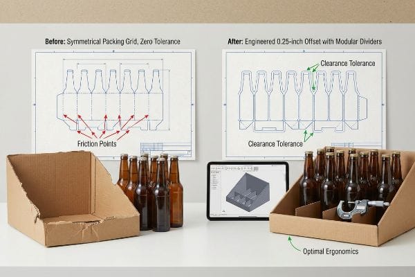 Offset Packaging Clearance Corrugated display boxes: symmetrical packing grid friction vs. engineered 0.25-inch offset, modular dividers, clearance tolerance.