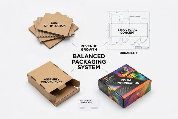 Système d'emballage équilibré : optimisation des coûts, concept structurel, facilité d'assemblage, communication visuelle, croissance des revenus, audit des matériaux de bureau Harvey's.