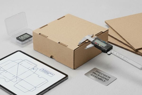Corrugated box measured by a digital caliper, with a tablet showing dieline, a 60% humidity sensor, and a Precision Packaging Assembly sign.