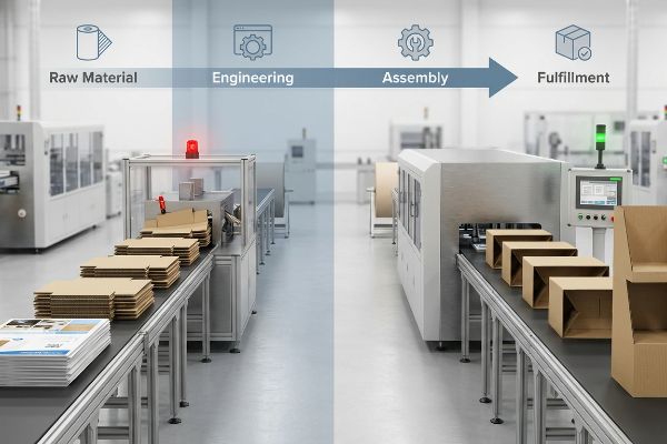 Flat corrugated cardboard sheets on an automated assembly line, moving through Engineering, Assembly, and Fulfillment for POP displays.