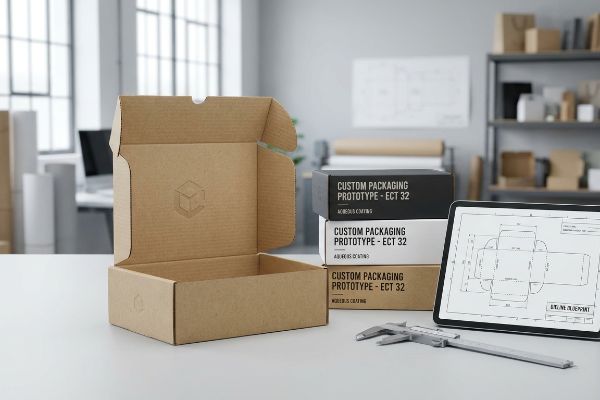 Open Kraft corrugated box with debossed logo, Custom Packaging Prototype Ect 32 boxes, dieline blueprint on tablet, and caliper.