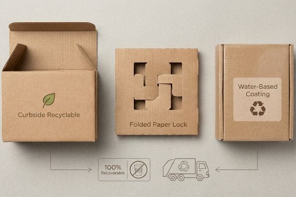 Corrugated boxes display curbside recyclable, folded paper lock, and water-based coating for 100% recoverability.